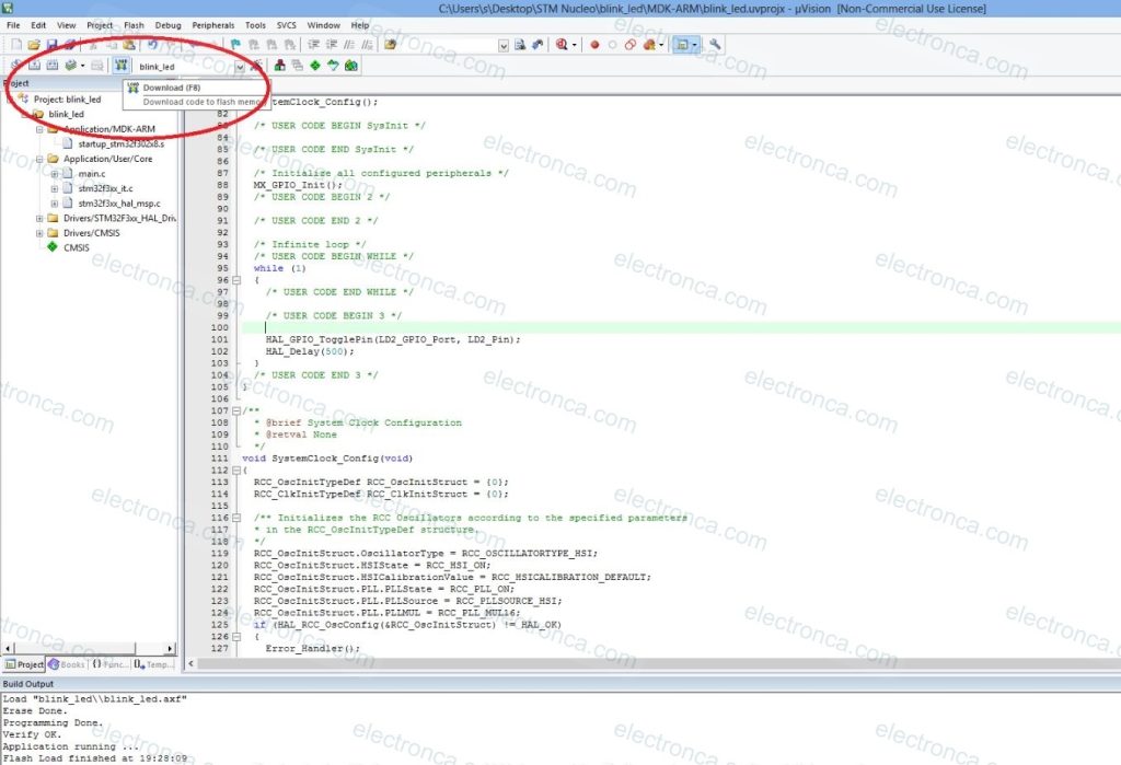 Build and Download
keil loading program to board