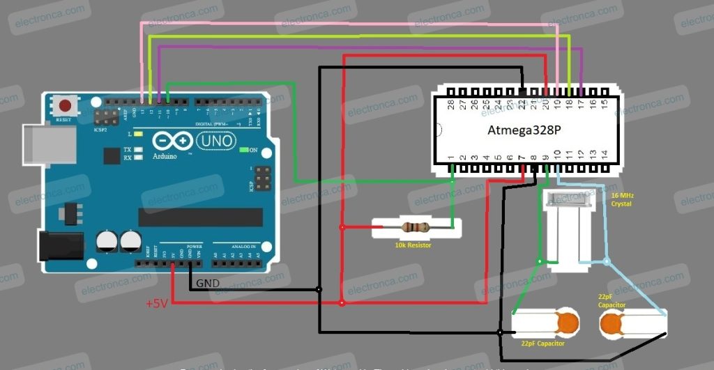 Arduino to Atmega Chip Electrical Wirings - Schematic