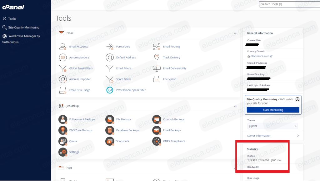Enter web site's cPanel and check for Inodes section