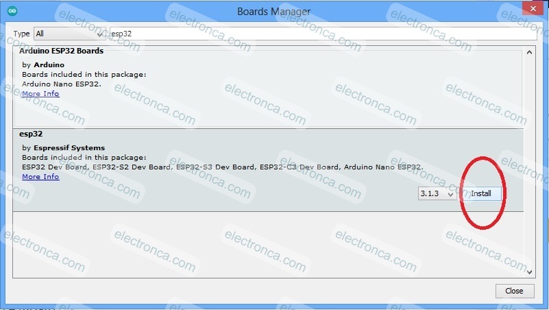 
Install esp32 in Boards Manager