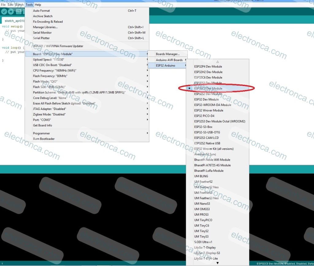 select ESP32C3 Dev Module under Board dropdown menu